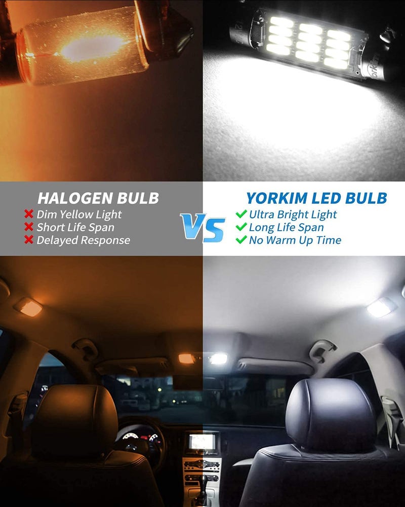 Yorkim لمبة يوركيم 6418 LED، 36 مم LED 6500K بيضاء فائقة السطوع للإضاءة الداخلية 12-SMD 4014 شرائح، لمبة فستون LED 36 مم 37 مم 38 مم، لمبة DE3021 C5W بيضاء، عبوة من 2 - Image 3
